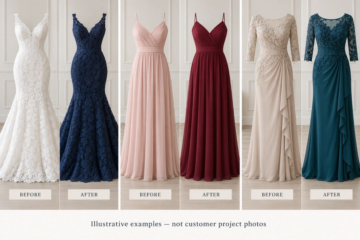 Before and after color idea: Wedding gown: white to navy